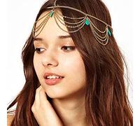 Wendalern Boho Turquoise Headpiece Layered Tassel Hair Chain Or Vintage Pendentif Front Headpiece Wedding Turquoise Headbands Bijoux pour Femmes Filles