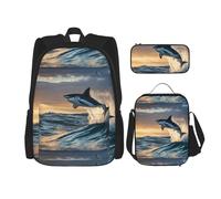 WenDang Blue Shark Ensemble sac à bandoulière double avec sac à déjeuner et trousse à crayons, convient pour le shopping, les sports de plein air