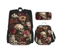 WenDang Ensemble sac à bandoulière motif tête de mort florale avec sac à déjeuner et trousse à crayons, convient pour le shopping, les sports de plein air