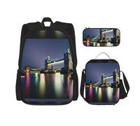WenDang Night London Tower Bridge Ensemble sac à bandoulière double avec sac à déjeuner et trousse à crayons, convient pour le shopping, les sports de plein air