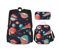 WenDang Space Planets Ensemble sac à bandoulière double avec sac à déjeuner et trousse à crayons, convient pour le shopping, les sports de plein air