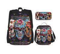 WenDang Sugar Skulls Ensemble sac à bandoulière double avec sac à déjeuner et trousse à crayons, convient pour le shopping, les sports de plein air