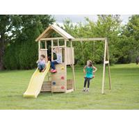 Wendi Toys Aire de jeux en bois brut avec portique balançoire et toboggan - 7,5 m² - WTJ3