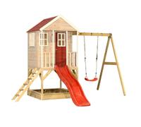 Wendi Toys M10R - Maison de Jeu avec Toboggan et balançoire, cabane sur pilotis en Bois FSC pour Enfants, 310×350×242 cm, avec Toboggan 175 cm, échelle, bac à Sable, résistant aux intempéries, Rouge