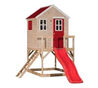 Wendi Toys M22R Cabane sur pilotis avec Toboggan 175 cm, Bois FSC, Plateforme 90 cm, 310×197×242 cm, avec échelle, terrasse et Plancher, Maison de Jeu extérieure pour Enfants, Rouge