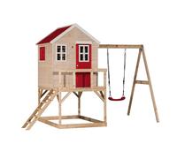 Wendi Toys M23R Cabane sur pilotis avec balançoire, tour de jeu en bois FSC pour enfants, plateforme 90 cm, 192×350×242 cm, avec échelle, terrasse, volets & plancher, résistante aux intempéries, Rouge