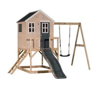 Wendi Toys M24G Cabane sur pilotis avec Toboggan et balançoire, Maison de Jeu en Bois FSC pour Enfants, 330×350×242 cm, Plateforme 90 cm, avec échelle, bac à Sable & Toit étanche, Outdoor, Grise