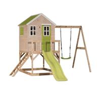 Wendi Toys M24L Cabane sur pilotis avec Toboggan et balançoire, Maison de Jeu en Bois FSC pour Enfants, 330×350×242 cm, Plateforme 90 cm, avec échelle, bac à Sable & Toit étanche, Outdoor, Vert