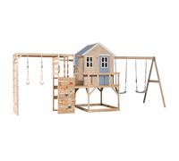 Wendi Toys M27PB-G Maison de jeu en bois FSC avec toboggan, double balançoire et mur d'escalade, tour d'escalade, pour le jardin, l'extérieur, 197 x 563 x 242 cm, avec filet d'escalade et anneaux de