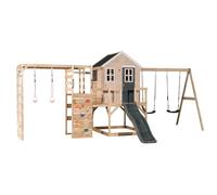 Wendi Toys M28G-G Maisonnette de jeu en bois pour enfants avec toboggan, fixation de salle de sport et doubles balançoires, 340 x 560 x 242 cm, gris - Structure de jeu extérieure sûre et durable pour