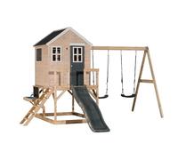 Wendi Toys M28G-K Maison de Jeu Enfant avec Toboggan, Double balançoire et Cuisine extérieure, cabane en Bois FSC sur pilotis 90 cm, avec évier, Robinet, bac à Sable, Jardin extérieur, 330×405×242 cm