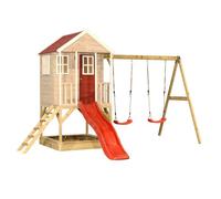 Wendi Toys M30R Maison sur pilotis avec Toboggan et Double balançoire, Bois FSC, Plateforme 90 cm, 290×405×242 cm, avec Toboggan 175 cm, bac à Sable, résistante aux intempéries, Rouge