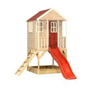 Wendi Toys M8R Maison de Jeu avec Toboggan, cabane sur pilotis en Bois pour Enfants, Hauteur de Plateforme 90 cm, 280×197×242 cm avec Toboggan 175 cm, échelle, Balcon, bac à Sable, Rouge