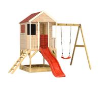 Wendi Toys M9R - Cabane sur pilotis pour Enfants avec Toboggan et balançoire, Maison de Jeu en Bois FSC pour extérieur, avec bac à Sable et Tableau, Plateforme 90 cm, dès 3 Ans, Rouge