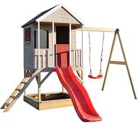 WENDI TOYS Maison d'enfants en bois avec bac à sable, toboggan de couleur rouge et balançoires. 3-7 ans. (Maison de jeu avec balançoire à siège unique)