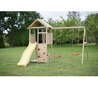 Wendi Toys Tour de jeux en bois Girafe avec toboggan, mur d'escalade, 2 balançoires & table de pique-nique Nature 280x340x270 cm