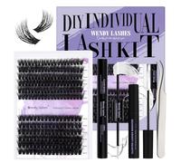 Wendy Lashes DIY Extension Cils Kit Volume Cluster 3D Effet 60D+80D Faux Cils Individuel D Curl Mix12-16 Cluster Lashes Kit Extensions de Cils avec Cils Applicateur Déménageur de Cils Bond et Seal