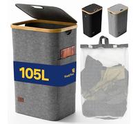 WendyNest Panier à linge avec couvercle élégant - Boîte à chiffons sales gris de 100 l avec sac en filet pour chiffons sales amovibles et poche latérale