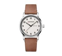 WENGER Attitude Montre-Bracelet pour Homme Ø 42 mm, fabriquée en Suisse, à Quartz analogique, étanche jusqu'à 100 m, Bracelet en Cuir, Crème/Marron, lanière