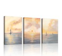 WENGTIAO 3 Pièces Océan Lever du Soleil Tableau Decoration Murale Encadré Toile Peinture Phare Voilier sur mer Paysage Maritimes Decoration Murale Salon Maison Deco Chambre 40x60cmx3