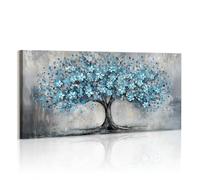 WENGTIAO Arbre de Vie Bleu Tableau Decoration Murale Encadré Grande Toile Peinture Arbre à Fleurs Vintage Decoration Murale Salon Maison Deco Chambre Prêt à Accrocher 120x50 cm