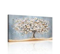 WENGTIAO Arbre de Vie en Fleurs Grande Tableau Decoration Murale Encadré | Toile Peinture Esthétique Blanc et Or Arbre Florale Decoration Murale Salon Maison Deco Bureau Chambre 100x50 cm
