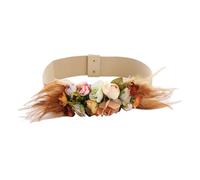 WENH Ceinture large élastique rouge à fleurs artificielles for femme avec plumes(Khaki)