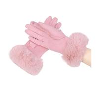 WENH Gant de conduite en cuir et daim for femme, fausse fourrure de lapin, for écran tactile, chaud, peluche épaisse, broderie, mitaine de cyclisme, doigt complet, hiver(Pink)