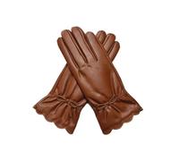 WENH Gants d'hiver chauds for femmes en peau de mouton avec nœud et velours, gants de conduite en cuir coupe-vent.(Yellowish brown,8)