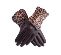 WENH Gants en cuir for femmes, avec nœud d'hiver, en velours épais, mitaines léopard de qualité, gants de conduite et de cyclisme(Brown,XL)