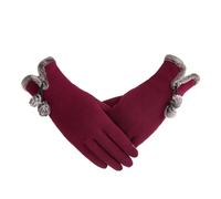 WENH Gants en velours cachemire non inversé for femme, chauds, à doigts entiers, avec pompons en dentelle, for l'automne et l'hiver. Gants en coton for femme.(E Red)