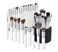 WENH Lot de 12/16/26 pinceaux de maquillage avec manche en bois for fond de teint, blush, anti-cernes, fard à paupières, poudre à sourcils, outils de beauté(26 pcs PU bucket)