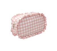 WENH Sac à cosmétiques à Carreaux à Volants, 1 pièce, Trousse de Toilette personnalisée en Nylon Rose, Trousse de Maquillage de Voyage, Organisateur, Cadeau de fête de mariée(L)