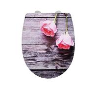 WENKO Abattant WC avec Frein de Chute, Fermeture en Douceur, Cuvette de Toilette Clipsable, Fixation en Inox, Motif Bois et Rose