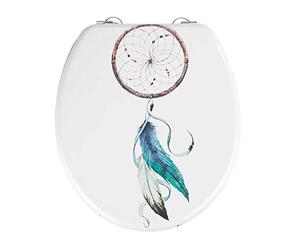 WENKO Abattant WC Traumfänger | Lunette WC en MDF fantaisie avec design attrape-rêves | Abattant WC décoratif et original | Dimensions (l x p) 37 x 41 cm | Multicolore avec fixation en inox