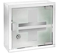 WENKO Armoire à Pharmacie 2 Niveaux avec Serrure | Armoire 1er Secours avec Fermeture avec clé | Porte en Verre sécurité satiné | Impression Croix | Acier INOX Brillant | 25 x 12 x 25 cm | Argent
