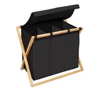 WENKO Bac à linge Trio Ecori, 3 compartiments (31 litres chacun), en bambou certifié FSC®, panière à linge avec couvercle en polyester recyclé, 69 x 56,5 x 33 cm, naturel/noir
