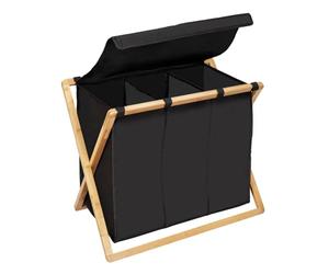 WENKO Bac à linge Trio Ecori, 3 compartiments (31 litres chacun), en bambou certifié FSC®, panière à linge avec couvercle en polyester recyclé, 69 x 56,5 x 33 cm, naturel/noir