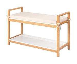 WENKO Banc à chaussures avec coussin de siège Finja, étagère à chaussure Scandi Chic avec surface de siège, armoire à chaussures moderne & banquette en bambou de qualité supérieure et durable combiné au MDF, 90 x 55 x 34 cm, blanc/nature