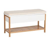 WENKO Banc d'entrée avec Coffre de Rangement et Support Chaussures Finja | Assise Confortable et rembourée | Style scandinave | Bambou de qualité supérieure et MDF | 90x52x35 cm | Bois et Blanc