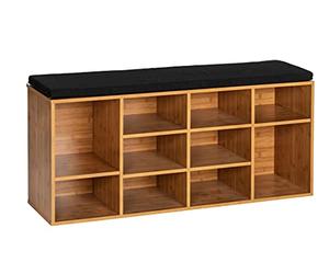 WENKO Banc d'entrée Loft, Banc de Rangement Chaussures en Bois avec Assise Confortable en Tissu, Rangement jusqu'à 10 Paires de Chaussures, MDF, 103x48x29,5 cm, Marron - Noir