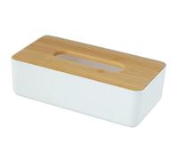 WENKO Boîte à mouchoirs Rotello, pour lingettes cosmétiques ou mouchoirs en boîtes cartonnées standards, en plastique, couvercle en bambou, retrait facile, 24 x 7,5 x 12,7 cm, blanc/couleur naturelle
