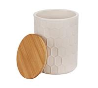 WENKO Boîte de Conservation Maya, céramique Blanche, Haute qualité avec Structure de Tissage, Lavable au Lave-Vaisselle, Couvercle en Bambou certifié FSC® à Fermeture hermétique, 1,3 l, Ø 13 x 17 cm