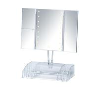 WENKO Coiffeuse Miroir Lumineux Tactile à LED Fanano, Surface de Miroir 100% et grossissement de 2X ou 3X, avec Espace de Rangement, Plastique - Verre, 34,5 x 39 x 16,5 cm, Transparent