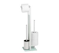 WENKO Combiné WC Rivalta | 3 en 1| Brosse WC et Dérouleur Papier Toilette | Stockage Papier | Tête de Brosse remplaçable | Acier INOX Blanc et Verre trempé| 18x70x23 cm | Blanc