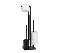 WENKO Serviteur WC Rivalta, Brosse WC et Dérouleur Papier Toilette, Acier noir et verre trempé, 18x70x23 cm, Noir