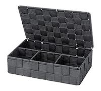WENKO Corbeille De Salle De Bain avec Couvercle Adria, Boîte De Rangement Tendance avec 4 Compartiments, Plastique Tissé, 100% Polypropylène, Dimensions: 26 x 7,5 x 17 cm, Gris Foncé