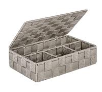 WENKO Corbeille De Salle De Bain avec Couvercle Adria, Boîte De Rangement Tendance avec 4 Compartiments, Plastique Tissé, 100% Polypropylène, Dimensions : 26 x 7,5 x 17 cm, Couleur : Taupe