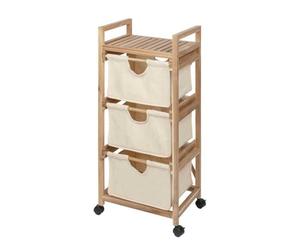 WENKO Desserte à roulette Acina, étagère de rangement salle de bain bois avec 3 paniers, 4 roulettes et 2 freins, en bois d'acacia naturel et écologique certifié FSC®, 43,5x96x33,5cm, marron-beige