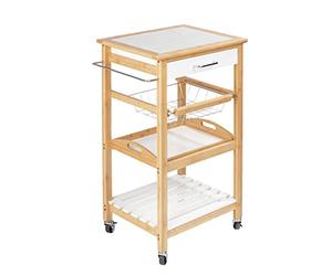 WENKO Desserte cuisine bois bambou Finja, desserte à roulettes avec 2 étagères, 1 tiroir et 1 panier métallique, 49x81x38 cm, blanc, bois bambou